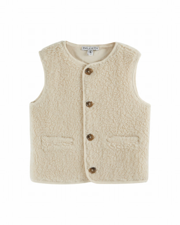 Emile & Ida Sherpa-Weste "Écru" für Kinder in Naturweiß mit Knopfleiste und Baumwollfutter