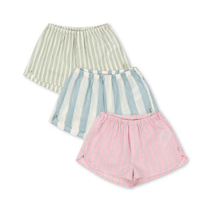 Konges Sløjd Asli Shorts 3er-Pack aus Bio-Baumwoll-Popeline in Basil, Orchid und Bleu Stripe