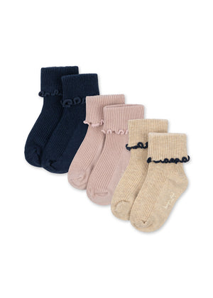 Konges Sløjd Rib Frill Socken 3er-Pack Navy Cream Blush, Kindersocken mit Rüschen, weich & bequem