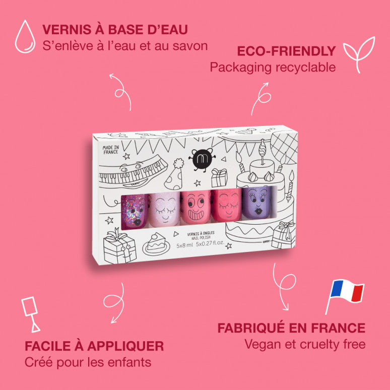 Party 5 Nail Polishes Set – 5 kinderfreundliche, wasserbasierte Nagellacke: Sheepy, Polly, Cookie, Kitty, Piglou, vegan und cruelty-free