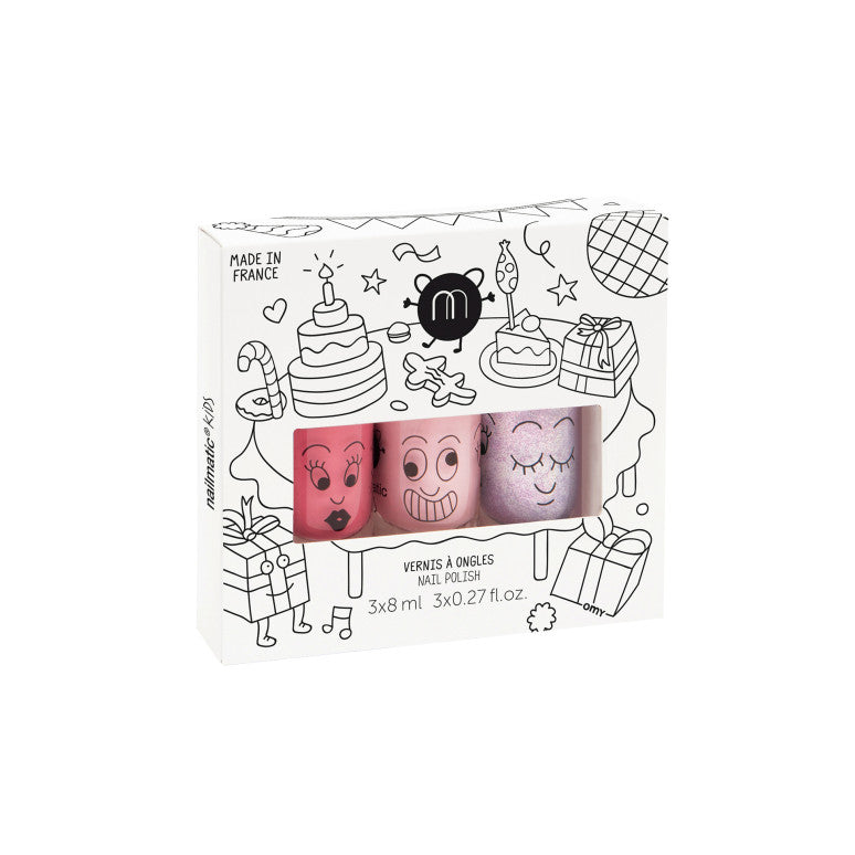 Party Pink Nail Polishes Set – 3 kinderfreundliche wasserbasierte Nagellacke: Cookie Candy Pink, Bella Hellrosa, Elliot Perlig Rosa, vegan und cruelty-free