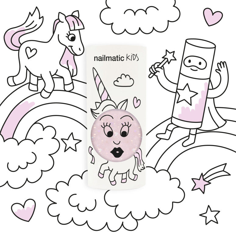 Nailmatic Kids Nagellack „Polly“ klares Pink mit Glitzer – vegan, wasserbasiert, abwaschbar und sicher für Kinder ab 3 Jahren.