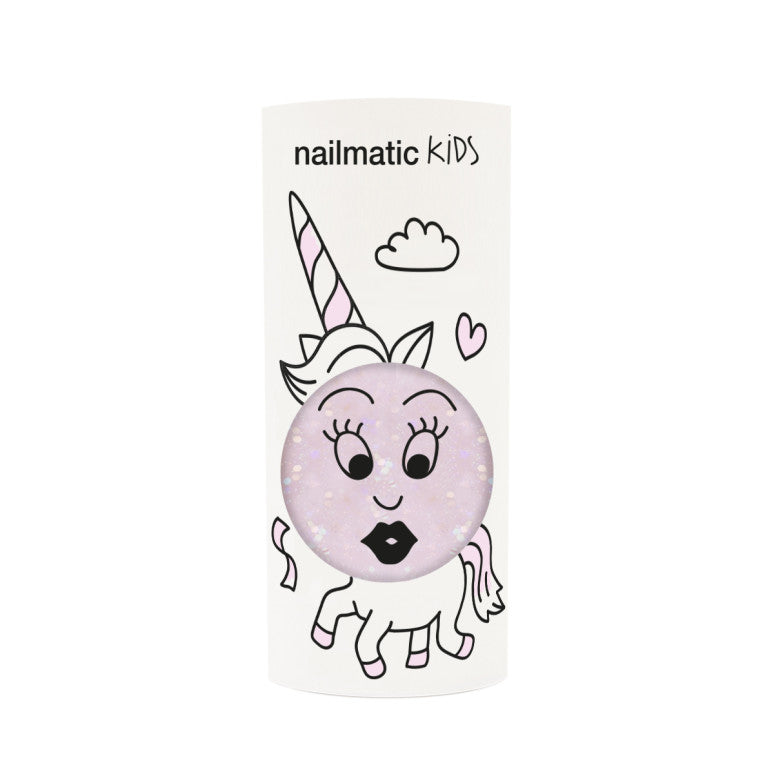 Nailmatic Kids Nagellack „Polly“ klares Pink mit Glitzer – vegan, wasserbasiert, abwaschbar und sicher für Kinder ab 3 Jahren.