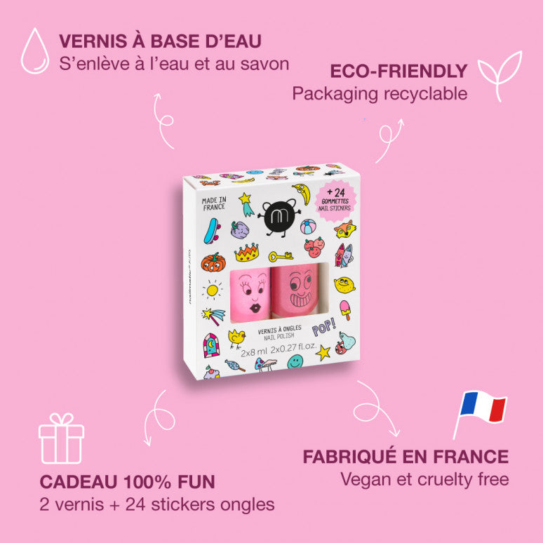 POP Kid Nail Polish Set – 2 rosa Nagellacke und 24 bunte Nagelsticker für Kinder, vegan und cruelty-free