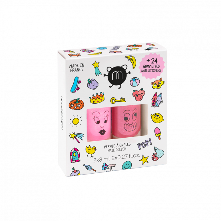 POP Kid Nail Polish Set – 2 rosa Nagellacke und 24 bunte Nagelsticker für Kinder, vegan und cruelty-free