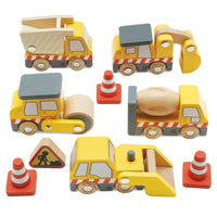 Le Toy Van Baustellen Fahrzeuge – 9-teiliges Set aus FSC®-zertifiziertem Holz mit Bagger, Kipper, Zementmischer & Zubehör, plastikfrei und liebevoll gestaltet.