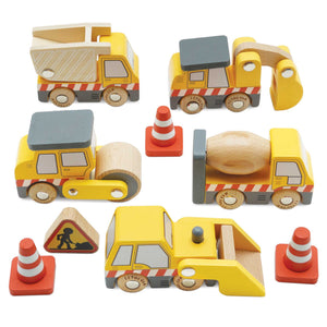 Le Toy Van Baustellen Fahrzeuge – 9-teiliges Set aus FSC®-zertifiziertem Holz mit Bagger, Kipper, Zementmischer & Zubehör, plastikfrei und liebevoll gestaltet.