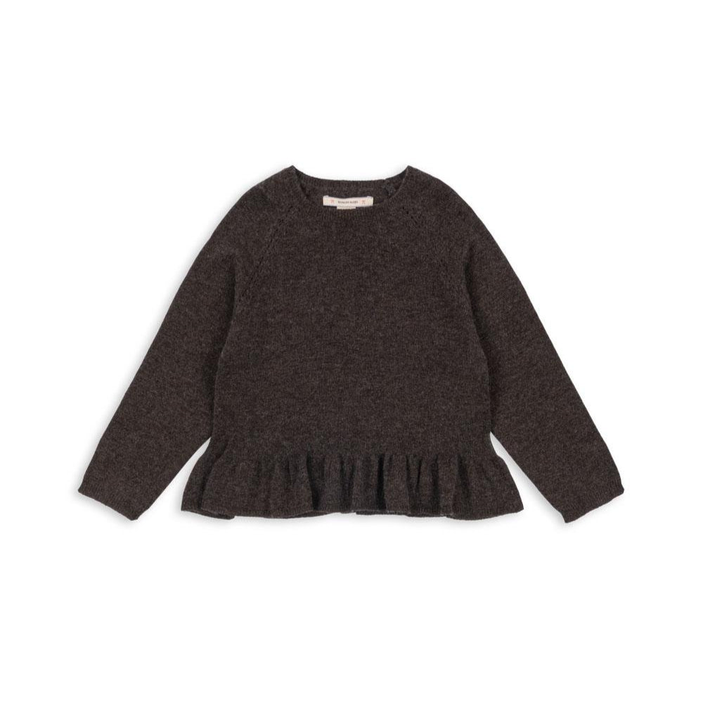 „Konges Sløjd Strickpullover 'Cathy' in Brown Melange – weicher Kinderpullover mit Schößchen-Taille und Kaschmir-Woll-Mix“