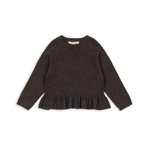 „Konges Sløjd Strickpullover 'Cathy' in Brown Melange – weicher Kinderpullover mit Schößchen-Taille und Kaschmir-Woll-Mix“
