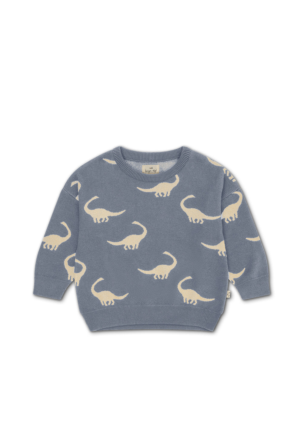 Konges Sløjd Strickpullover Lapis in Dino Mist – grauer Kinderpullover aus Bio-Baumwolle mit eingestricktem Dinosaurier-Motiv.