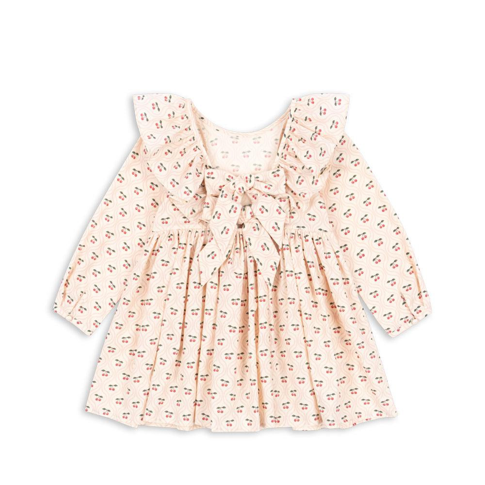 Konges Sløjd Kinderkleid „Cianna“ mit Bow Cherry Pink Print – luftiges Sommerkleid aus Bio-Baumwolle mit Kirsch- und Schleifenmuster
