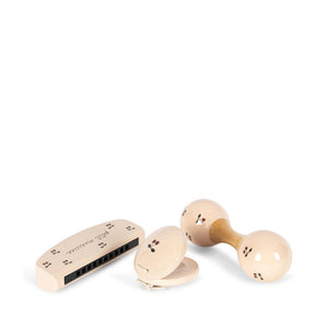 Musikset für Kinder von Konges Sløjd mit Glossy Cherry Muster – Tamburin, Rassel und Kastagnette aus Holz