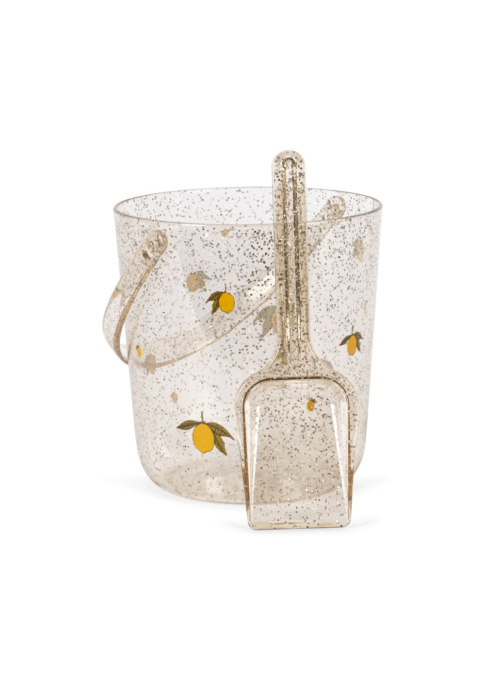 Eimer und Schaufel transparent mit Glitzer und Zitronen Print für Kinder