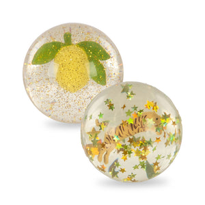 Kinder-Hüpfbälle von Konges Sløjd, 2er-Set Lemon/Tiger, gefüllt mit 3D-Figuren und Glitzer, robustes Spielzeug für drinnen & draußen