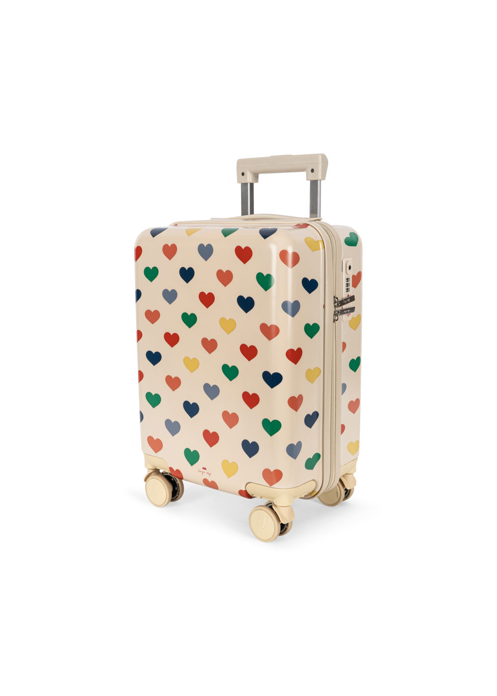 Konges Sløjd Reisekoffer für Kinder im Bon Coeur Coloré Design – Trolley mit bunten Herzchen, Rollen und ausziehbarem Griff.
